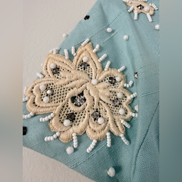 Vintage 50s 60s Baby Blue Hand Beaded Sheath Dress Lace Rhinestone Cocktail M/L - Picture 3 of 16